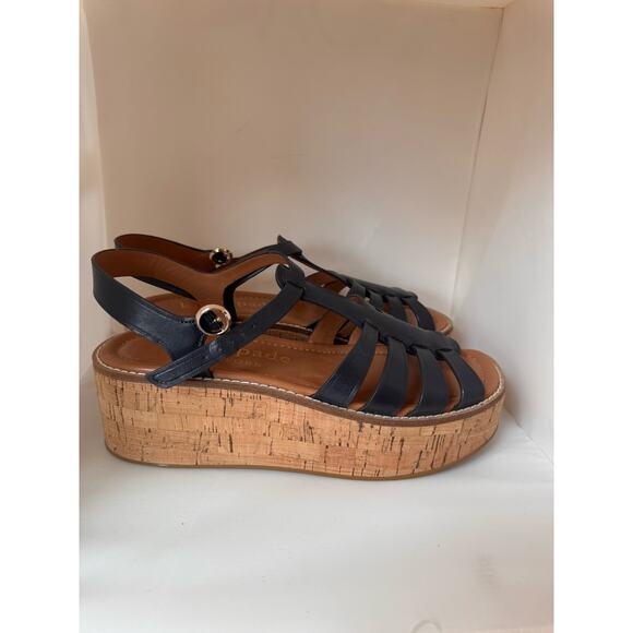 Kate Spade retro Mabel Platform Wedge Sandals Navy Blue leather  Peep Toe Sz 8.5 - Picture 8 of 11